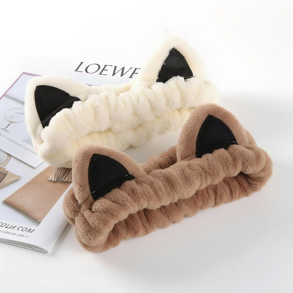 2 Pcs Cat Ears Headband Spa Headbands for Washing Face Khaki Beige Wristband - Picture 8 of 8